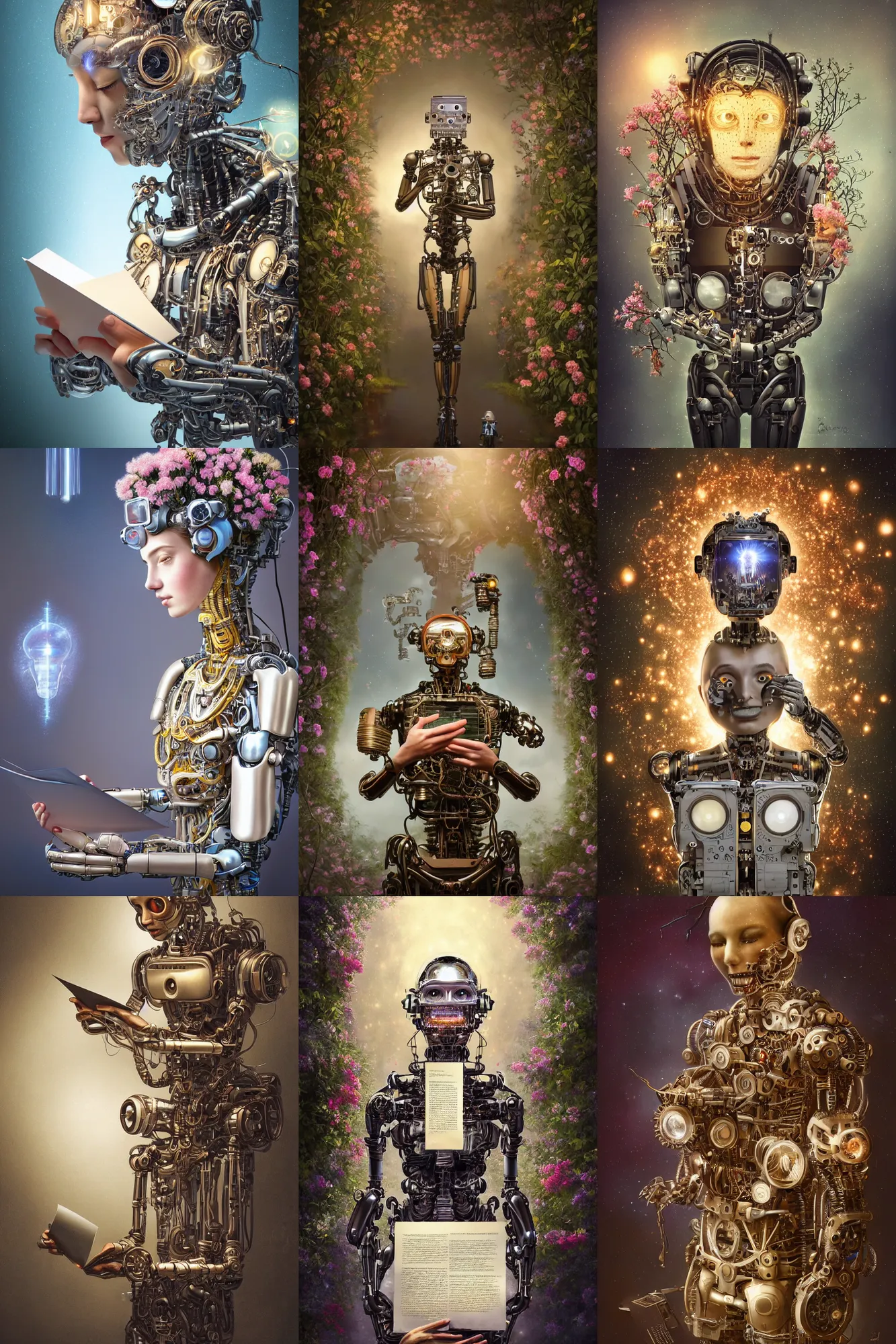 Prompt: a beautiful intricate fine art portrait photo of a happy mechanical futuristic cybernetic humanoid reading a letter of good news, by tom bagshaw and anna dittman, eyes light up, perfection!, studio lighting, golden ratio composition, 3 5 mm lens, bionic robot overgrown with flowers, cybernetic scifi, deep depth of field, artstation, 8 k