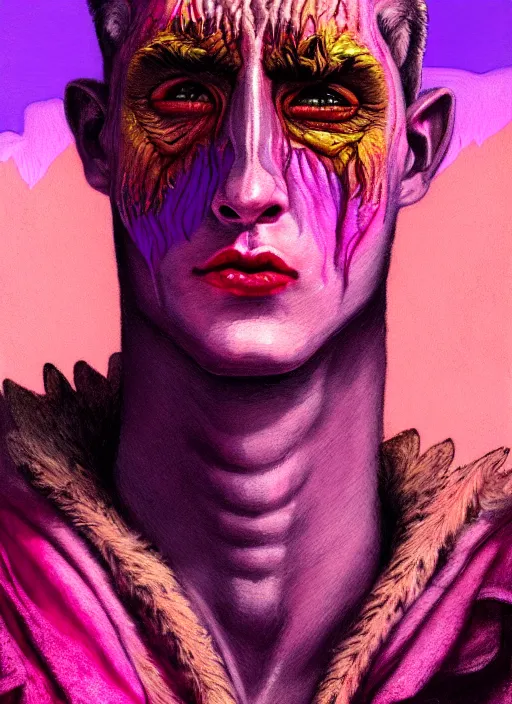 Image similar to close up portrait of a gay monster in the mountains of hell, pink light, purple gay colors, oil painting by tomasz jedruszek, cinematic lighting, pen and ink, intricate line, hd, 4 k, million of likes, trending on artstation