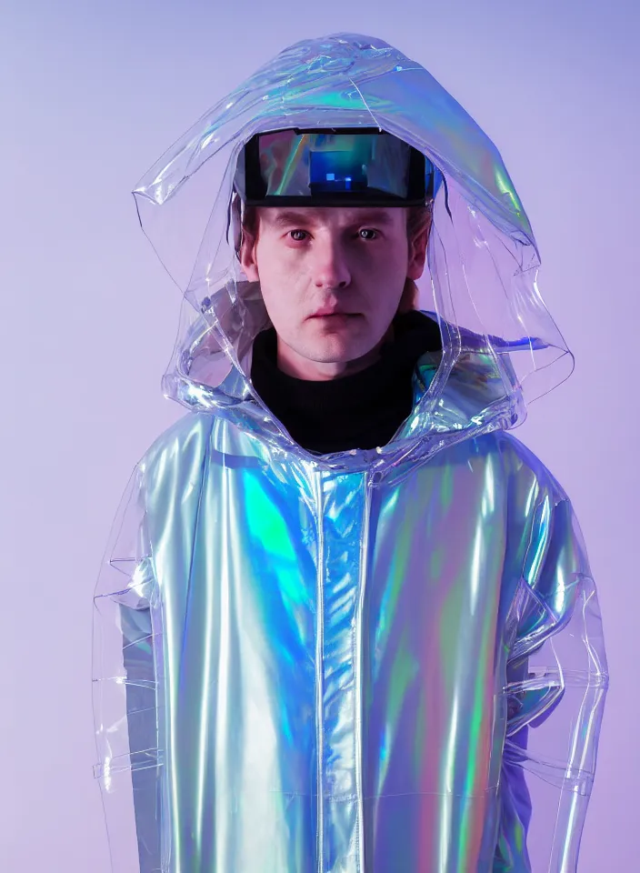 Image similar to an ultra high definition professional studio quality photograph of an artificially intelligent cyberpunk art influencer wearing a transparent iridescent pastel coloured visor and matching wavey raincoat on white coat hook in a sheer icelandic black rock environment. three point light. dramatic lighting. volumetric shadows. light rays