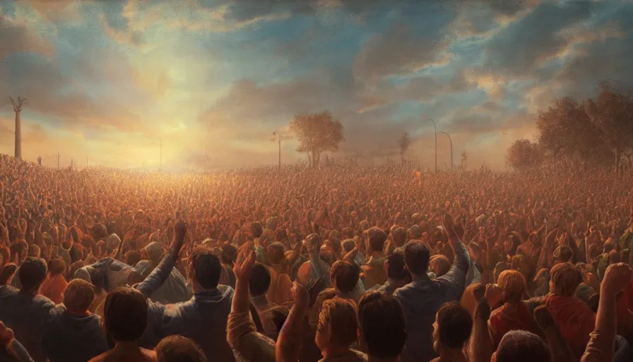 Image similar to painting of a crowd with raised arms pointing towards a glowing sky, volumetric lighting, nasty, hyperdetailed, realistic