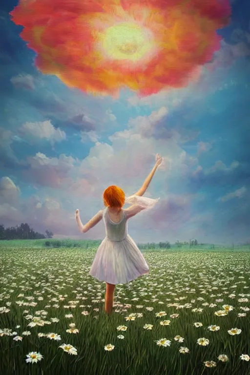 Image similar to giant white daisy flower as head, girl dancing in a flower field, surreal photography, sunrise, dramatic light, impressionist painting, colorful clouds, digital painting, artstation, simon stalenhag