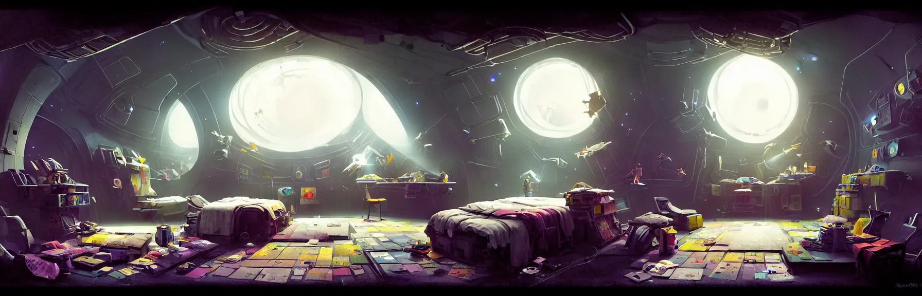 Image similar to detailed room in the sewer lair. The room is a clutter if clothes and a bunkbed with space posters everywhere, soft, light, bright, epic, awesome, digital art, by Simon beak and Greg rutkowski