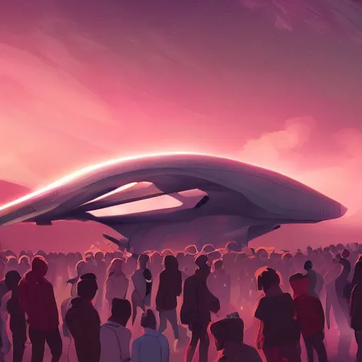 Image similar to thousands of people next to a big spaceship, sad color palette, artstation