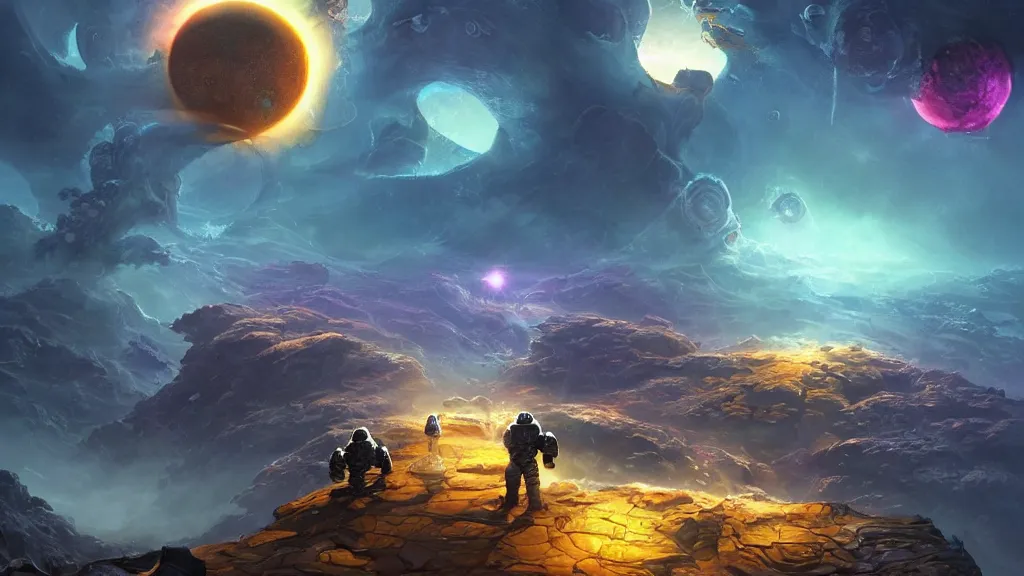 Image similar to Astronauts have a treasure with them, they are fighting with the giant Cthulhu that is hunting them, they have large blades, they are over the ring of the gas planet, this is an extravagant planet with wacky wildlife and some mythical animals, the background is full of nebulas and planets, the ambient is vivid and colorful with a terrifying atmosphere, by Jordan Grimmer digital art, trending on Artstation,