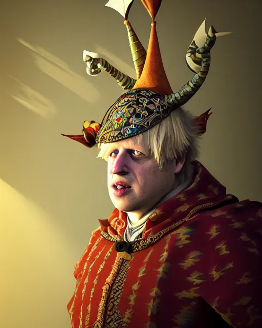 Image similar to Boris Johnson dressed as a Court Jester. Unreal engine, fantasy art by Betty Jiang. Faithfully depicted facial expression, perfect anatomy global illumination, radiant light, detailed and intricate environment