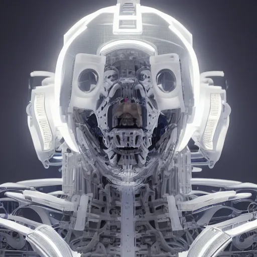 Image similar to white biomechanical mecha, symmetrical, rays of light. Style of westworld, cables, lights, searchlight, weta digital, octane render, insane details, ultra realistic, beatifully lit, reflections