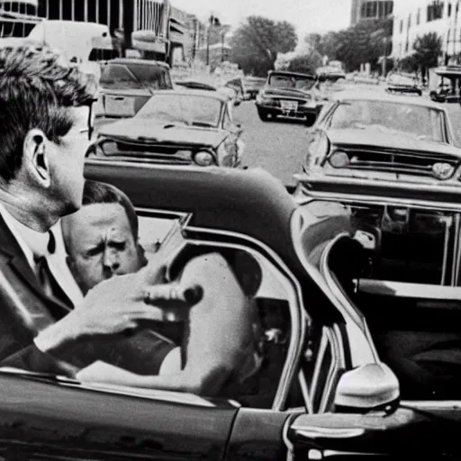 Prompt: realistic photograph of john f. kennedy surviving a sniper shot in his car, 1 9 6 3, pepe the frog among the crowd,