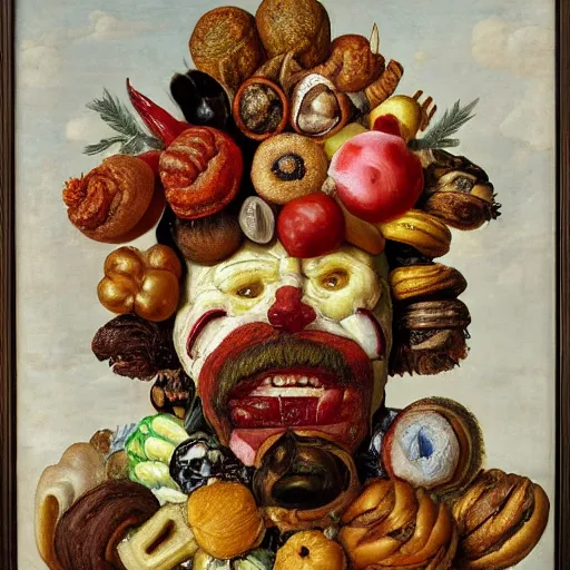 Image similar to a head made out of pastries and cakes by giuseppe arcimboldo, oil on canvas