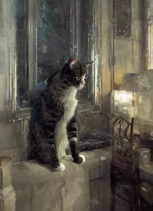 Image similar to a portrait of a cat inside a modern apartment, intricate oil painting, hyperdetailed, ethereal, cinematic, dramatic lighting, by jeremy mann and julius adam ii