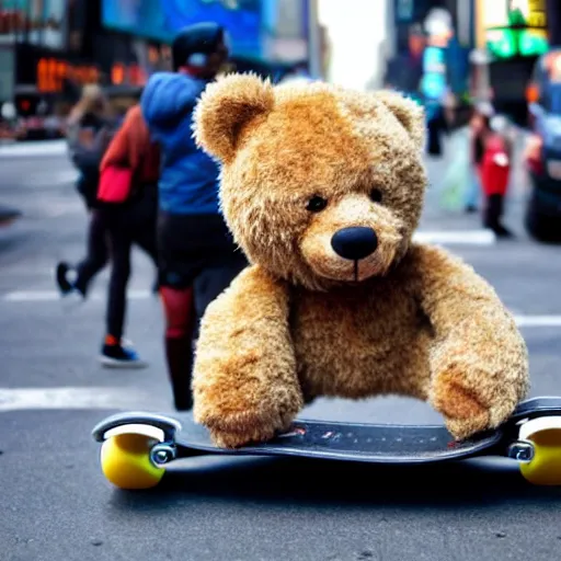 Prompt: a teddy bear riding a skateboard in nyc times square