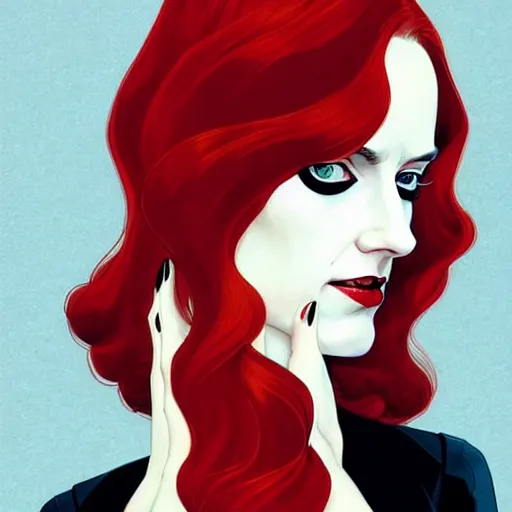 Image similar to Joshua Middleton comic art, wide shot, stunning elegant female Eva Green, kabuki mask, beautiful evil sneer, symmetrical face, symmetrical eyes, leather clothing and boots, long straight red hair, full body, Indigo occult pattern