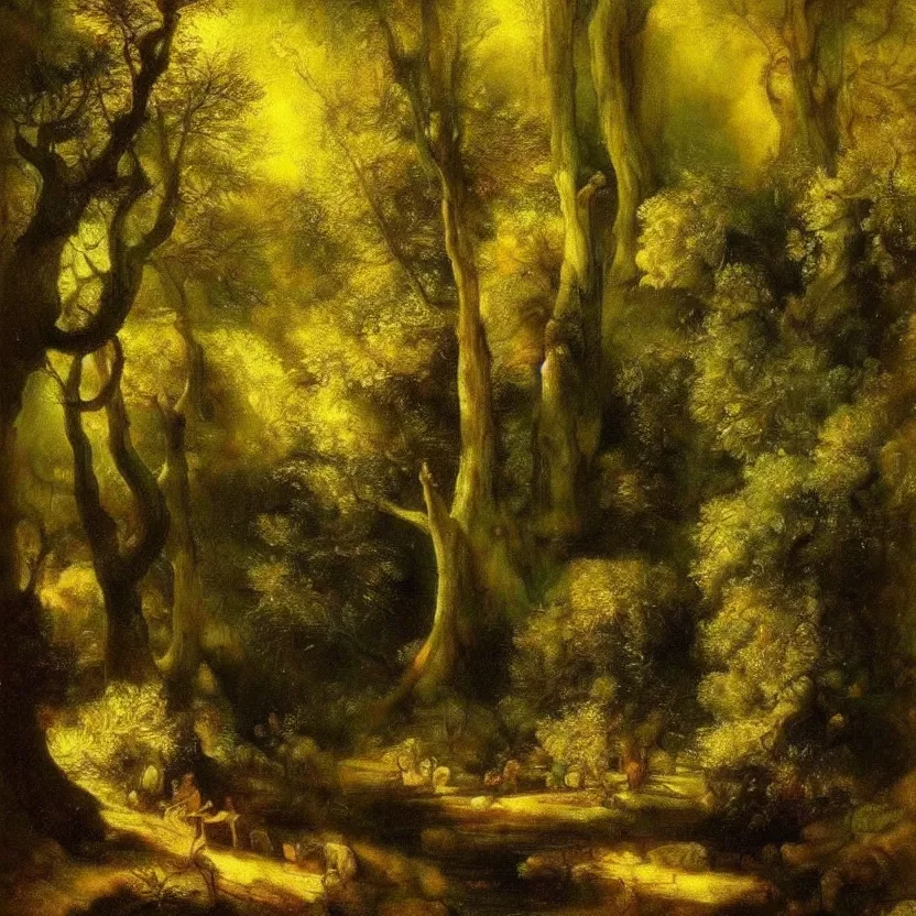 Prompt: An oil painting of a fantasy forest by Rembrandt; beautiful!!!!!!!!!!