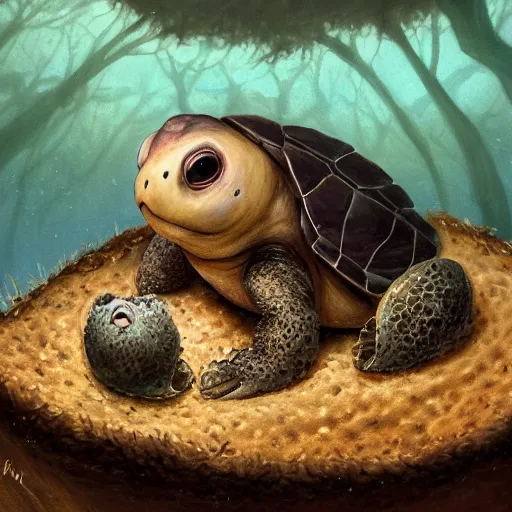 Prompt: soulful long shot of a very cute furry turtle baby nesting in a shell, by esao andrews, by james jean, by m. w. kaluta, very humorous illustration, big depth of field, perspective perception, volumetric light, warm cosy colors, night scenery, low light, unreal engine 5, 8 k, conceptart, hyperdetailed, hyperrealistic, trending on artstation