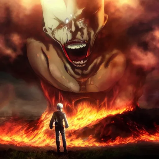 Prompt: photo of titan from attack on titan in front of burning city, cinematic