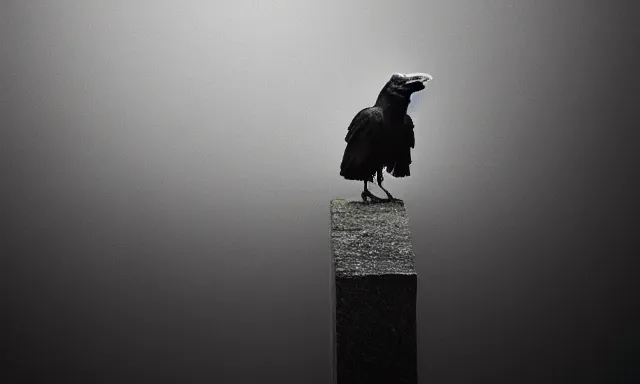 Image similar to raven standing on tombstone, midnight colors, photograph taken by giger and beksinski and death fog and decaying megacity