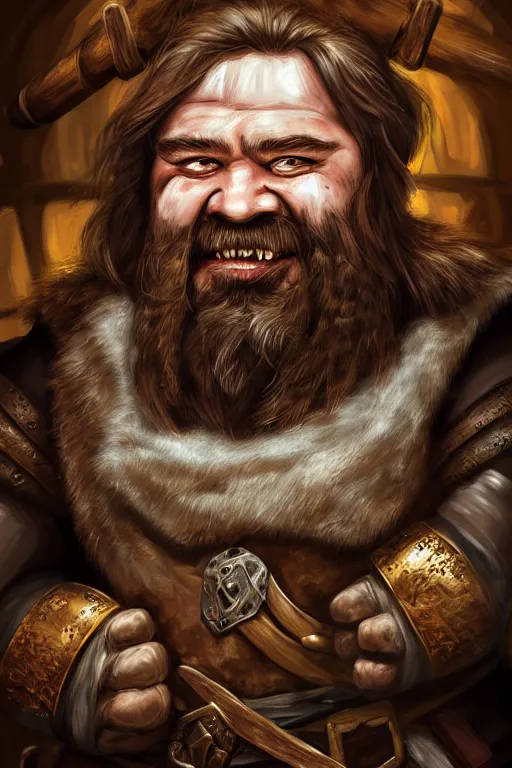 Image similar to head and shoulders portrait in a tavern of a dwarf adventurer, jovial, scarred lip, grandfatherly, leather armor, male, high fantasy, d & d, by hans zatka, face details, extremely detailed, digital illustration