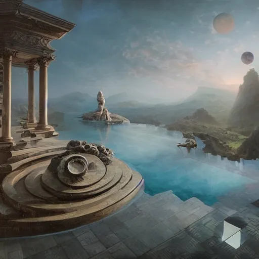 Image similar to peter tarka, minimalistic, hyperrealistic surrealism, award winning masterpiece with incredible details, epic stunning, infinity pool, a surreal vaporwave liminal space, highly detailed, trending on ArtStation, artgerm and greg rutkowski and alphonse mucha, daily deviation, IAMAG, broken giant marble head statue ruins, nightscape, milkyway