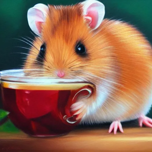 Prompt: hyper realistic oil painting of a hamster in a fancy place drinking a tea