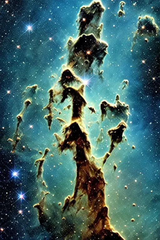 Image similar to Pillars of Creation. elephant trunks of interstellar gas and dust in the Eagle Nebula in the Serpens constellation. HR Giger, oil on canvas. Hubble Space Telescope. Stars. NASA. Milky Way Galaxy. detailed. high resolution.
