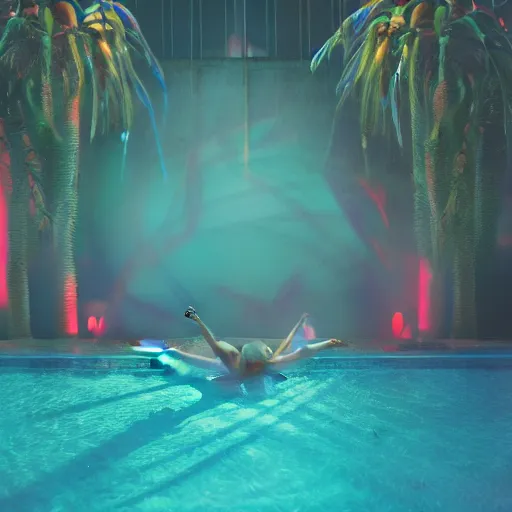 Prompt: a photograph of a broken statue in a surreal underground swimming pool surrounded by palm trees water and neon lights, vaporwave, unreal engine, octane render, dramatic lighting, volumetric lighting, neon lighting, ultra detailed, photorealistic