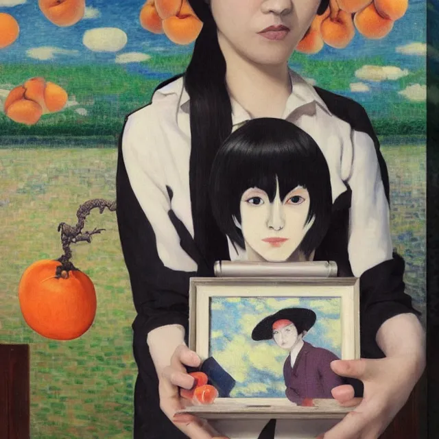 Image similar to tall emo girl artist holding small portraits and a persimmon, on shinkansen in tokyo, shinagawa station, pigs, octopus, acrylic on canvas, surrealist, by magritte and monet