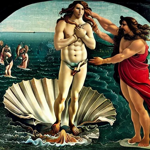 Prompt: Painting of Jason Momoa as The Birth of Venus. Art by Botticelli.