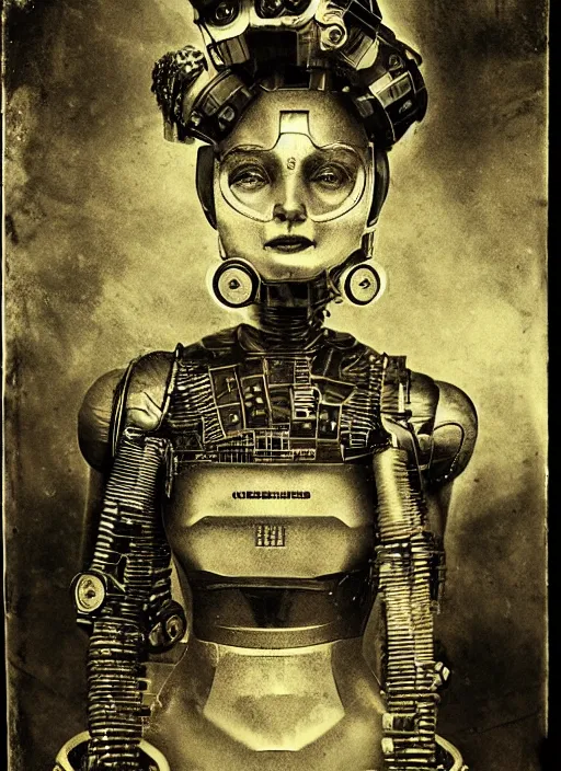 Image similar to old wetplate daguerreotype portrait of futuristic female robot in a deserted city, explosion of data fragments, fractal, intricate, elegant, highly detailed, parallax, leica, medium format, subsurface scattering, by jheronimus bosch and greg rutkowski and louis jacques mande daguerre