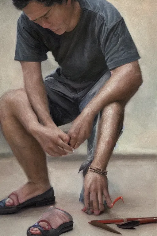 Prompt: george castaneda stabbing his toe, oil on canvas, intricate, portrait, 8 k highly professionally detailed, hdr, cgsociety