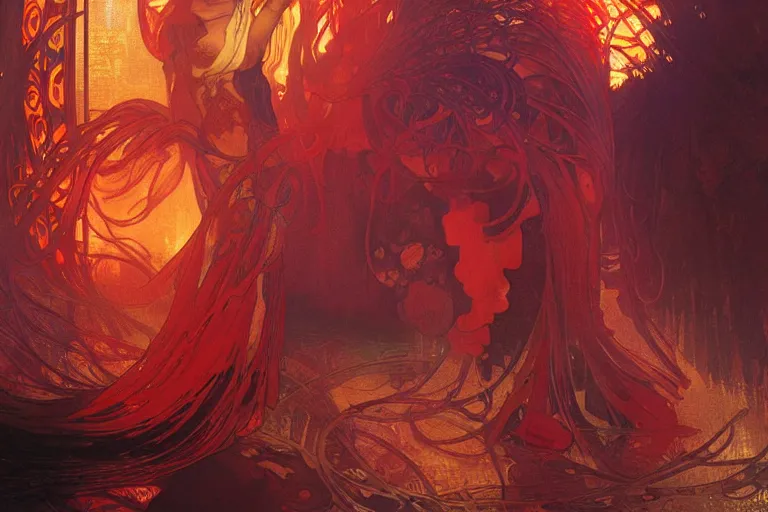 Image similar to arcs of flame intertwined with arcs of water, shards of mercury, dramatic lighting, cyberpunk neon, secret cypher, red flowers, solar flares, intricate art by alphonse mucha and greg rutkowski