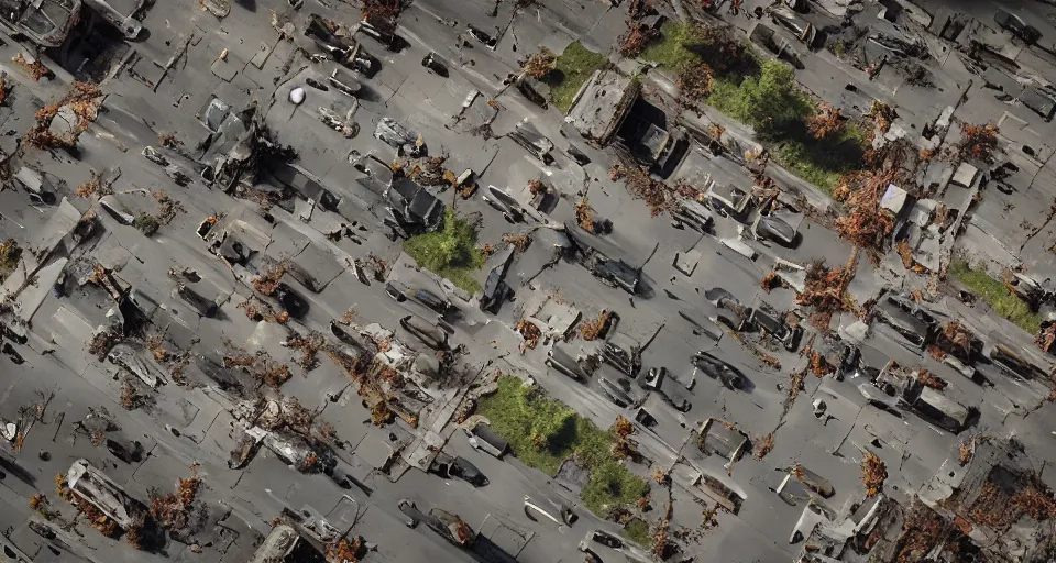 Image similar to aerial view of dilapidated zombie - apocalypse new york city in real life, desolate with zombies, dilapidated, empty streets, nightmarish, some rusted style parked vehicles, sunny weather, few clouds, volumetric lighting, photorealistic, daytime, autumn, sharp focus, ultra detailed, cgsociety