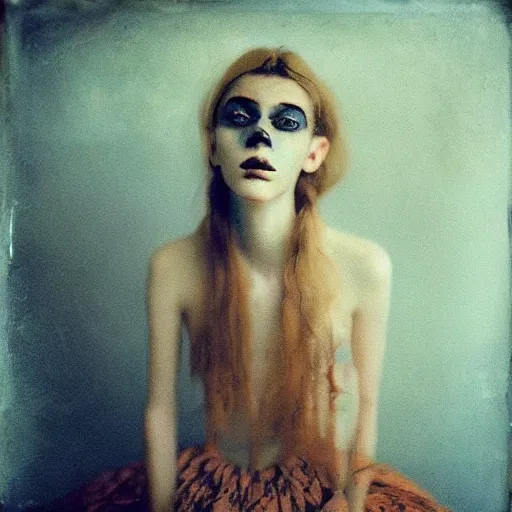 Prompt: kodak portra 4 0 0, wetplate, photo of a surreal artsy dream scene,, girl, ultra - realistic face, expressive eyes, north european model, weird fashion, grotesque, extravagant dress, carneval, animal, wtf, photographed by paolo roversi style