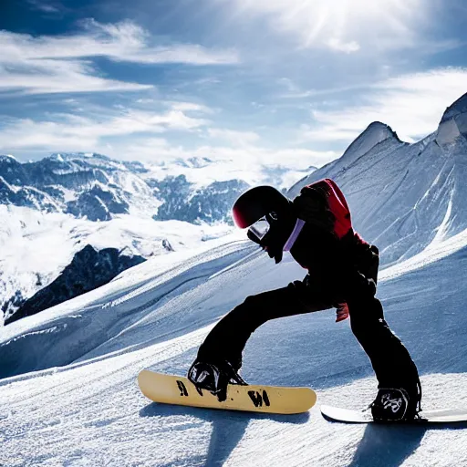 Image similar to portrait of nosferatu snowboarding in the alps, sport photography