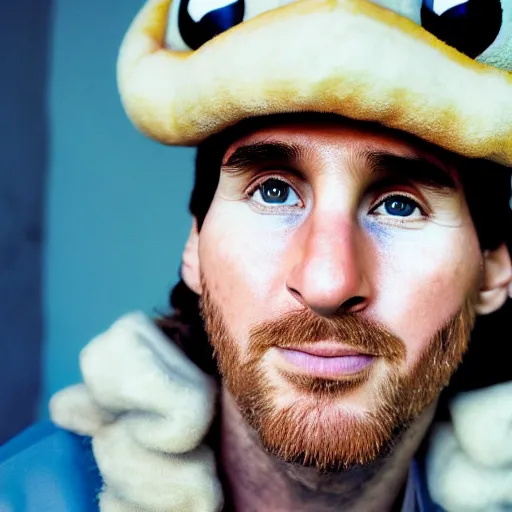 Prompt: closeup portrait of Lionel Messi dressed as toad, Nintendo, by Steve McCurry and David Lazar, natural light, detailed face, CANON Eos C300, ƒ1.8, 35mm, 8K, medium-format print