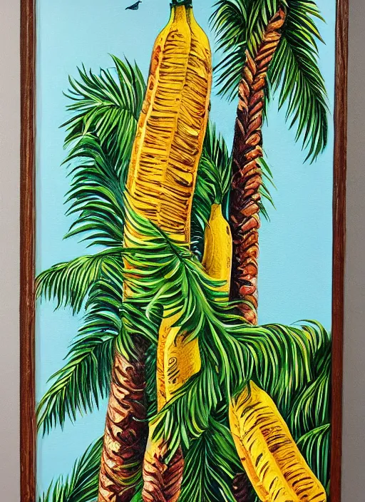 Image similar to bananas look like baguettes on a palm tree, intricately detailed acrylic painting