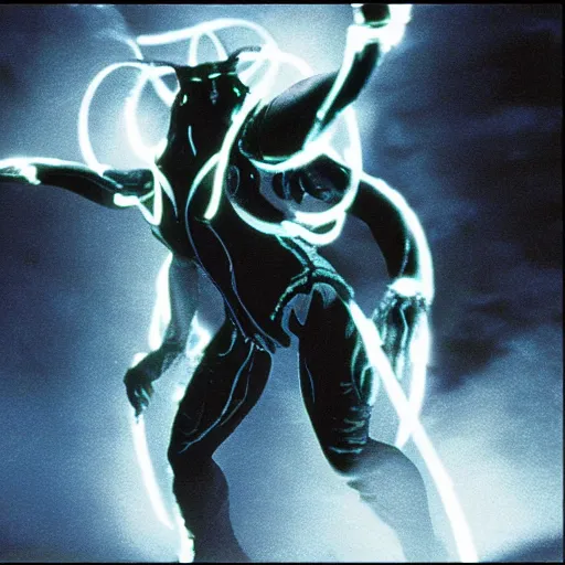 Image similar to a movie still with the balrog from lord of the ring in tron, highly detailed, realistic, photo, polaroid