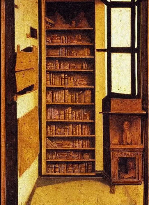 Prompt: bookshelf with books, medieval painting by jan van eyck, johannes vermeer, florence
