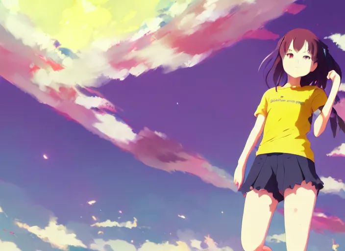 Image similar to high school runner girl, sunny sky background stadium landscape illustration concept art anime key visual trending pixiv fanbox by wlop and greg rutkowski and makoto shinkai and studio ghibli and kyoto animation symmetry red sports clothing marathon yellow running shoes number tag