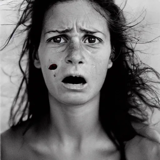 Prompt: a candid extreme closeup portrait of an expressive face of a terrified young woman by annie leibovitz