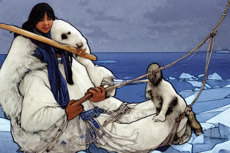 Image similar to a Inuit hauling a baby harp seal in a net, gray and blue and white colors, water color, art by artgerm and greg rutkowski and alphonse mucha and jin xiaodi and anthony devine