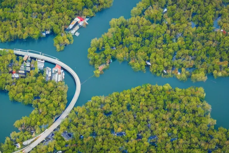 Image similar to bird's eye view of a city, trailer park, a road, bridge, and lagoon with docking area. forest and hills at the northern end