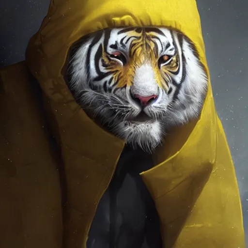 Image similar to a beautfiul award winning aesthetic commission of an antrho albino tiger wearing a yellow-black padded hooded puffer jacket,digital art,art by greg rutkowski,character design by charles bowater,ross tran,photorealistic,detailed face,hyperdetailed,western comic,2021,artstation,deviantart