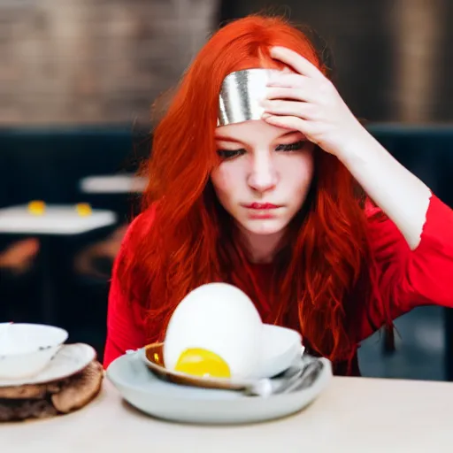 Image similar to young red headed woman sitting in a restaurant, poached egg on her head