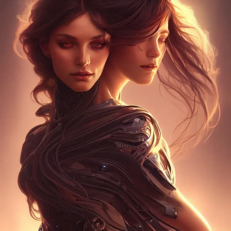 Image similar to futuristic woman portrait, sci-fi, amber eyes, face, long hair, fantasy, intricate, elegant, highly detailed, digital painting, artstation, concept art, smooth, sharp focus, illustration, art by artgerm and greg rutkowski and alphonse mucha