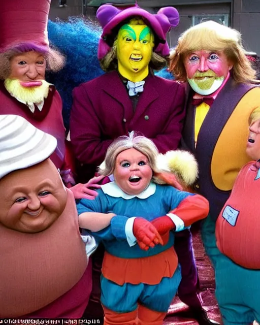 Image similar to dancing dwarf sized oompa loompas look just like donald trump, charlie and the chocolate factory, photorealistic