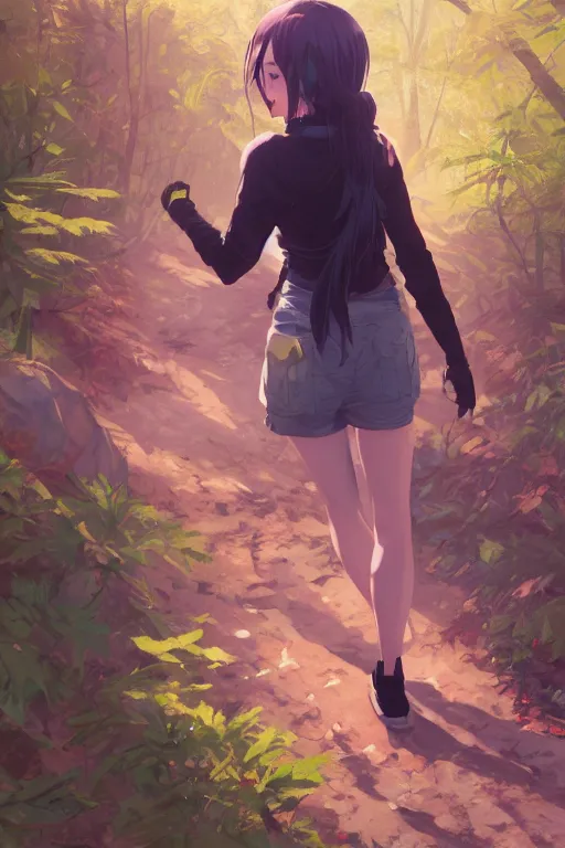 Image similar to a girl on a hiking trail, full shot, fine - face, realistic shaded perfect body, fine details. night setting. very anime style. realistic shaded lighting poster by ilya kuvshinov katsuhiro, magali villeneuve, artgerm, jeremy lipkin and michael garmash, rob rey and kentaro miura style, trending on art station