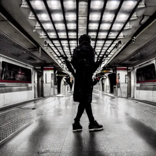 Image similar to a cyberpunk walking on a modern subway platform with a heavenly glow and chandeliers