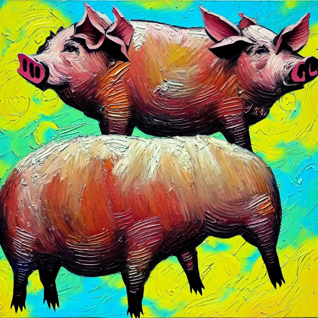 Prompt: large pig painted in a style of painting similar to Van Gogh but more impasto and less hatching