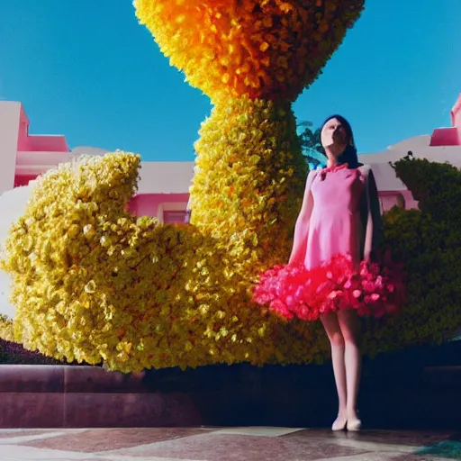 Prompt: giant flower head, full body, girl standing in mid century hotel, surreal, symmetry, bright colors, blue sky, cinematic, wes anderson