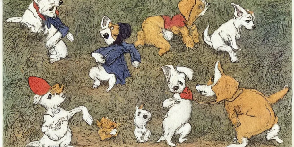 Image similar to jack russel dog, sprite sheet illustrated by peggy fortnum and beatrix potter and sir john tenniel