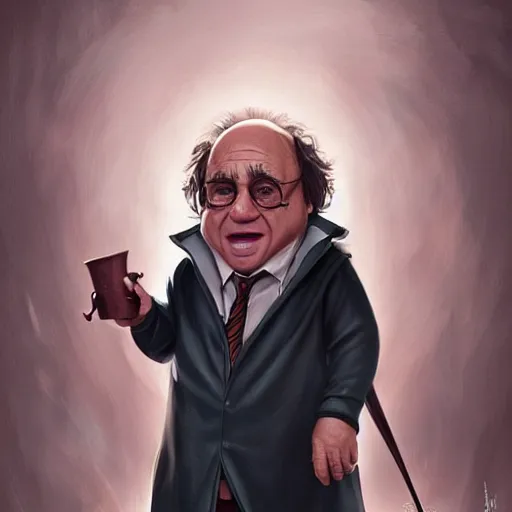 Image similar to full body portrait of danny devito as as Harry Potter, fantasy, highly detailed, digital painting, artstation, concept art, sharp focus, illustration, art by artgerm and Anna Dittmann and Ilya Kuvshinov